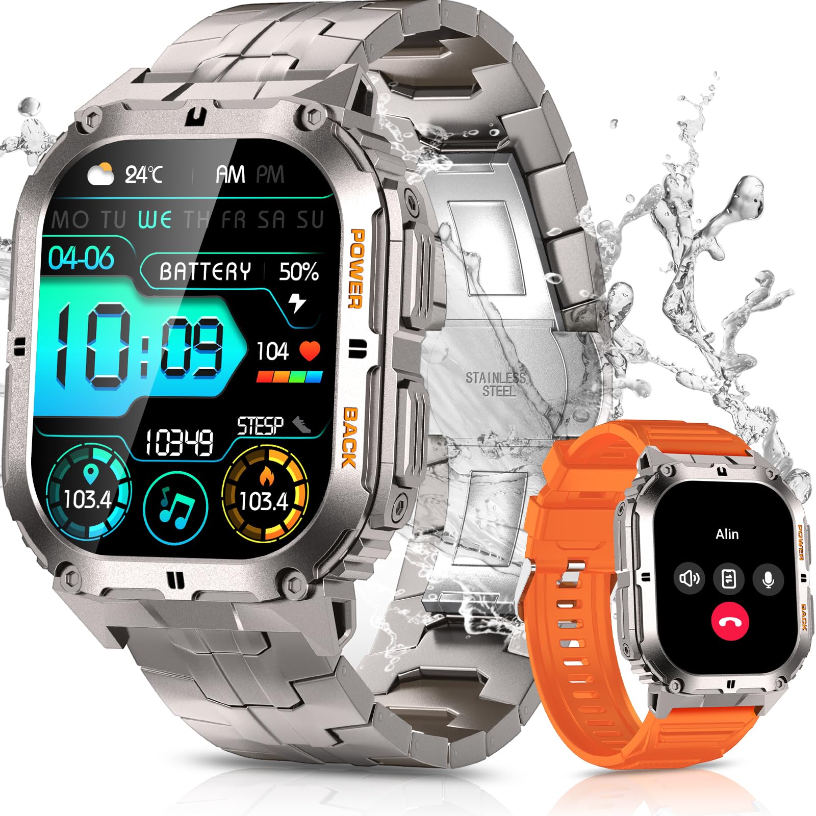 PODOEIL Military Smart Watches for Men(Answer and Dial Calls) 1.96" AMOLED Rugged Tactical Watch with IP68 Waterproof 100 Sports Modes Step Counter Smartwatch for Android iOS