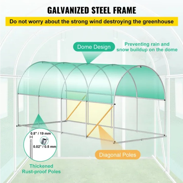 VEVOR Walk-in Tunnel Greenhouse, 14.8 X 6.6 X 6.6 Ft Portable Plant Hot House W  Galvanized Steel Hoops, 1 Top Beam, Diagonal Poles, Zippered Door   8 Roll-up Windows, Green