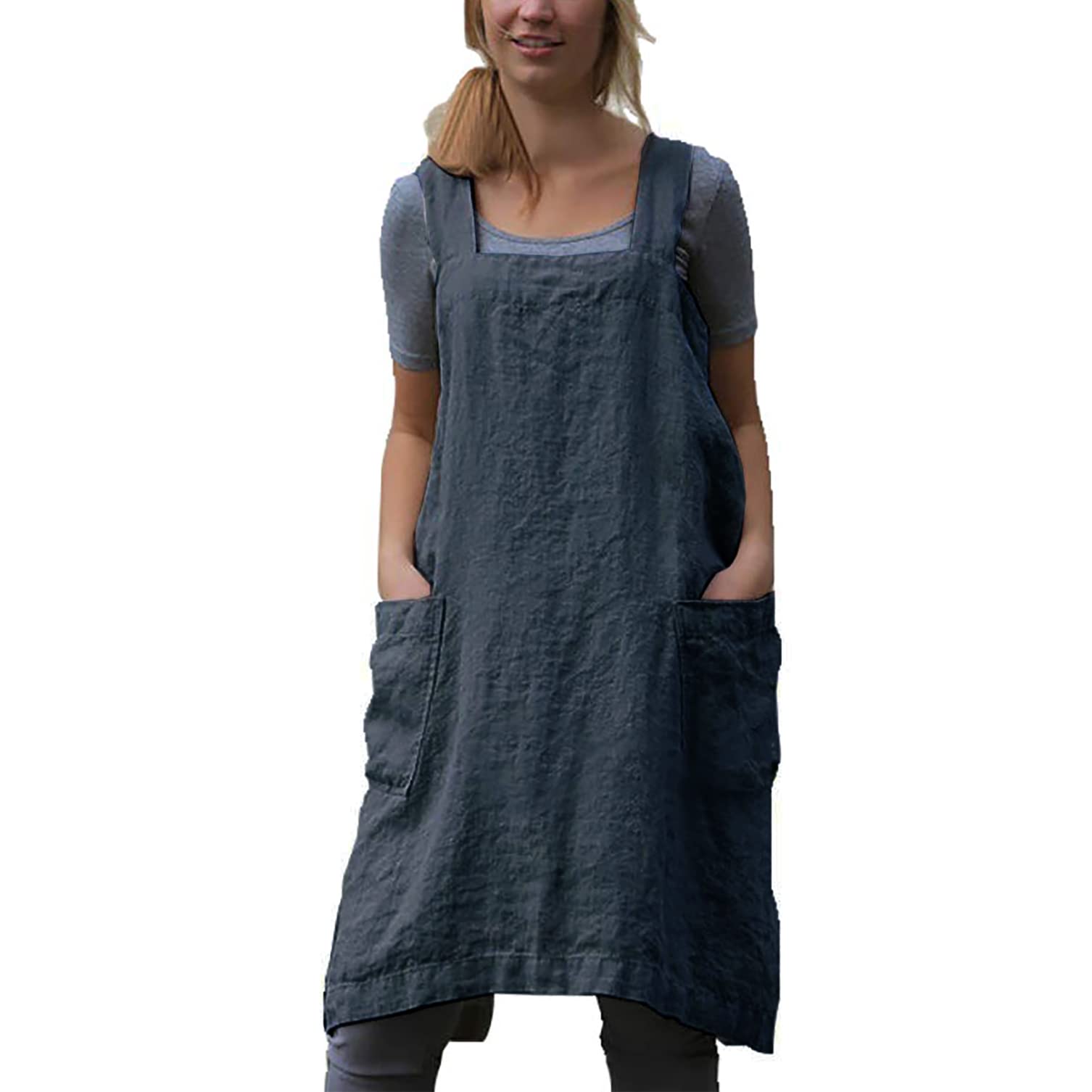 Stomeshle Japanese Aprons Plus Size Smock for Women with Pockets Cross Back Pinafore Dress Apron Baking Cooking Kitchen Gardening
