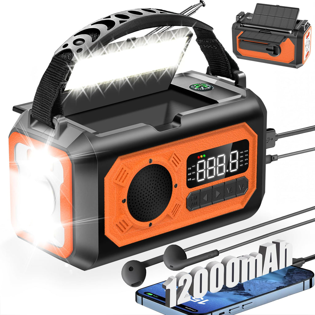 12000mAh Emergency Weather Radio Hand Crank Radio Solar Radio Portable AM/FM/NOAA Radio with 2 Solar Panels 3 Charging Methods SOS Alarm 3 Mode Flashlight Phone Charger Compass Reading Lamp