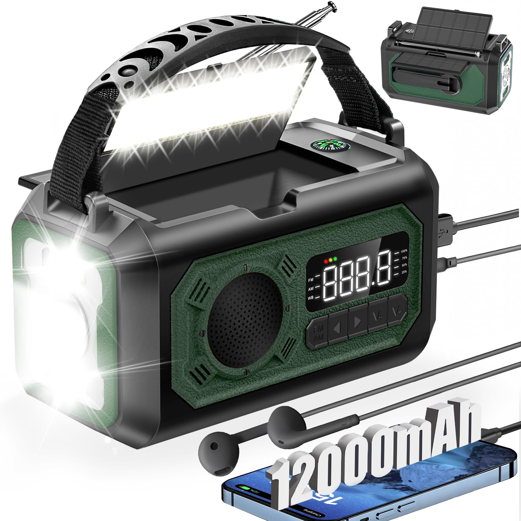 44400mWh/12000mAh Emergency Weather Radio Hand Crank Radio Solar Radio Portable AM/FM/NOAA Radio with 2 Solar Panels 3 Charging Methods SOS Alarm 3 Mode Flashlight Phone Charger Compass Reading Lamp