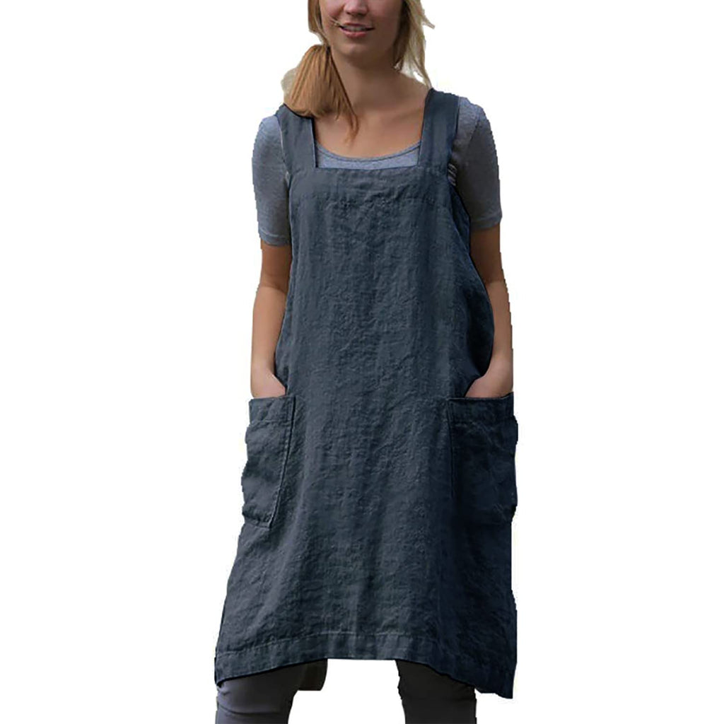 Stomeshle Japanese Aprons Plus Size Smock for Women with Pockets Cross Back Pinafore Dress Apron Baking Cooking Kitchen Gardening
