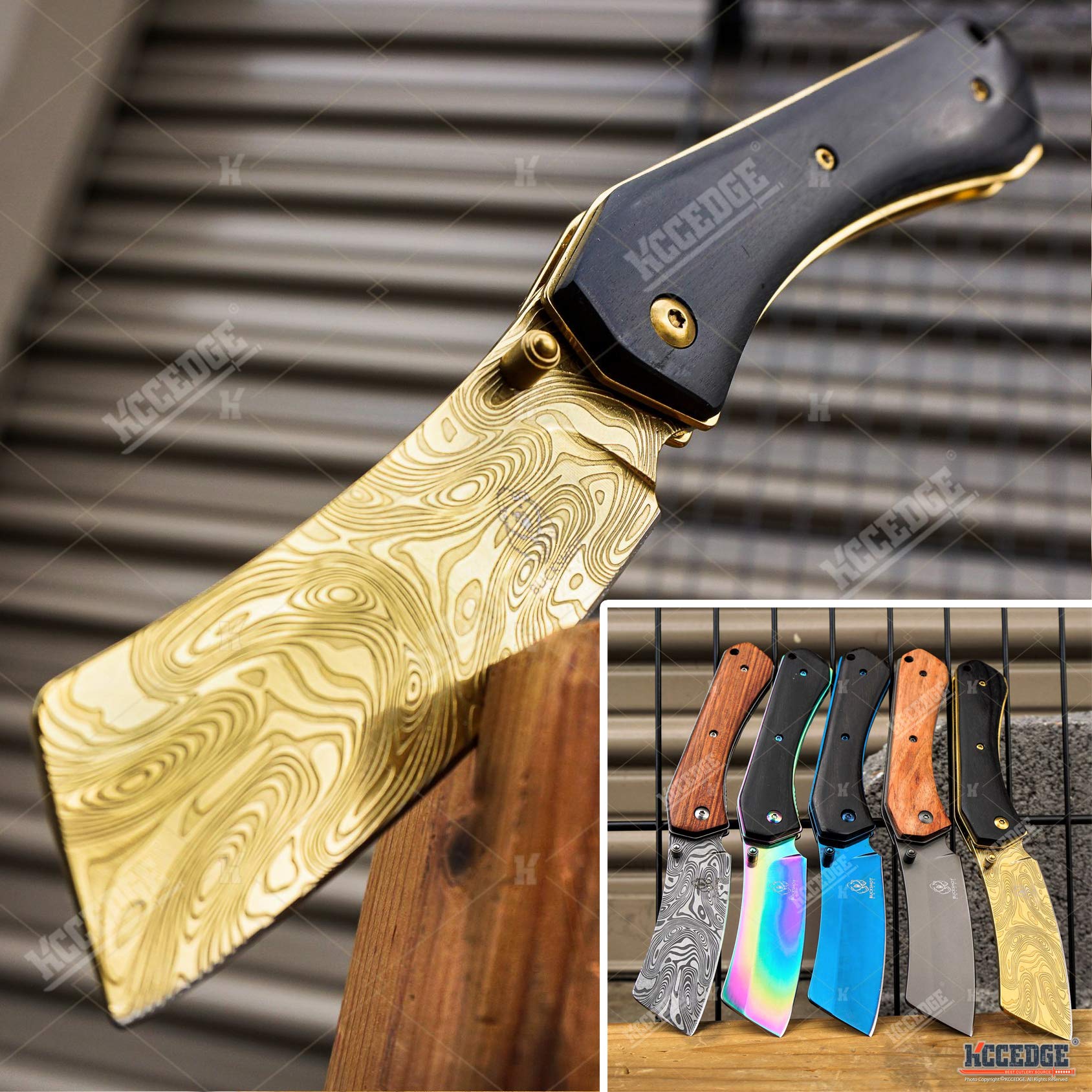 KCCEDGE BEST CUTLERY SOURCE EDC Pocket Knife Camping Accessories Razor Sharp Edge Cleaver Blade Folding Knife for Camping Gear Survival Kit 58649 (Black Gold)