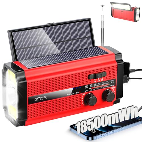QAUYYW Emergency Crank Weather AM/FM Radio with 2 Solar Panels Weather Radio Portable Radio 5 Charging Modes SOS Siren 3 ModesFlashlightCell Phone ChargerReading Light (Red)