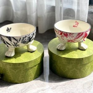 Designer Ceramic Pet Bowl Vintage Floral Butterfly Pattern Cat Bowl Dog Bowl Pet Feed Bowl Anti knock Pet Tableware