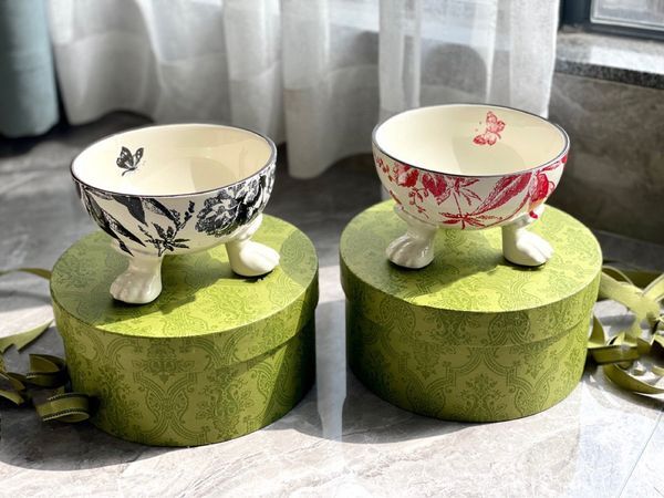 Designer Ceramic Pet Bowl Vintage Floral Butterfly Pattern Cat Bowl Dog Bowl Pet Feed Bowl Anti knock Pet Tableware
