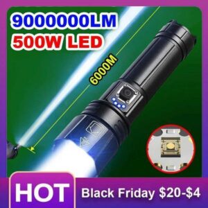 The most powerful LED flashlight 500W USB rechargeable flashlight 6000Meter XHP360 high-power flashlight tactical light X241109