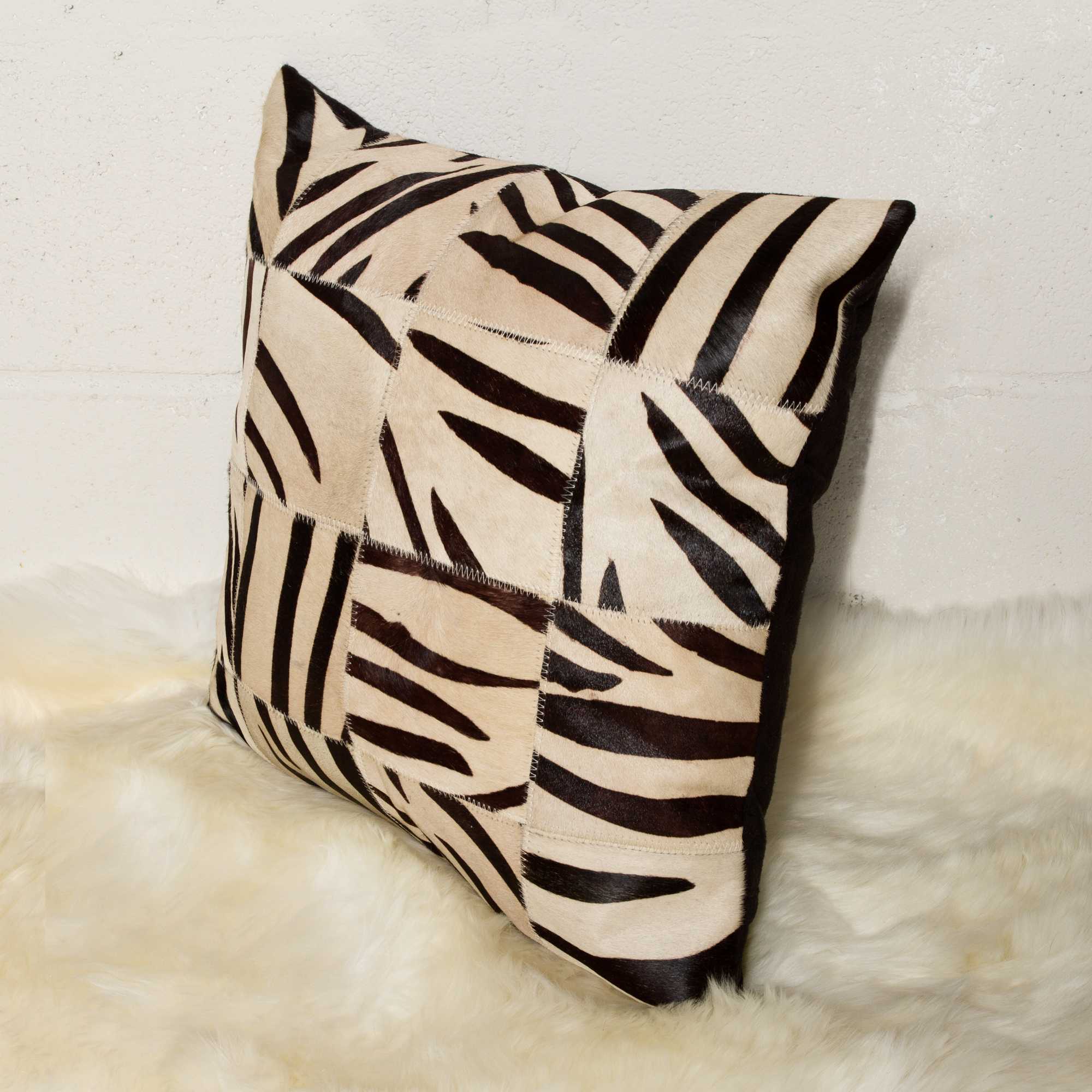 18" X 18" X 5" Zebra Black On White Patchwork Cowhide Pillow - Image 4