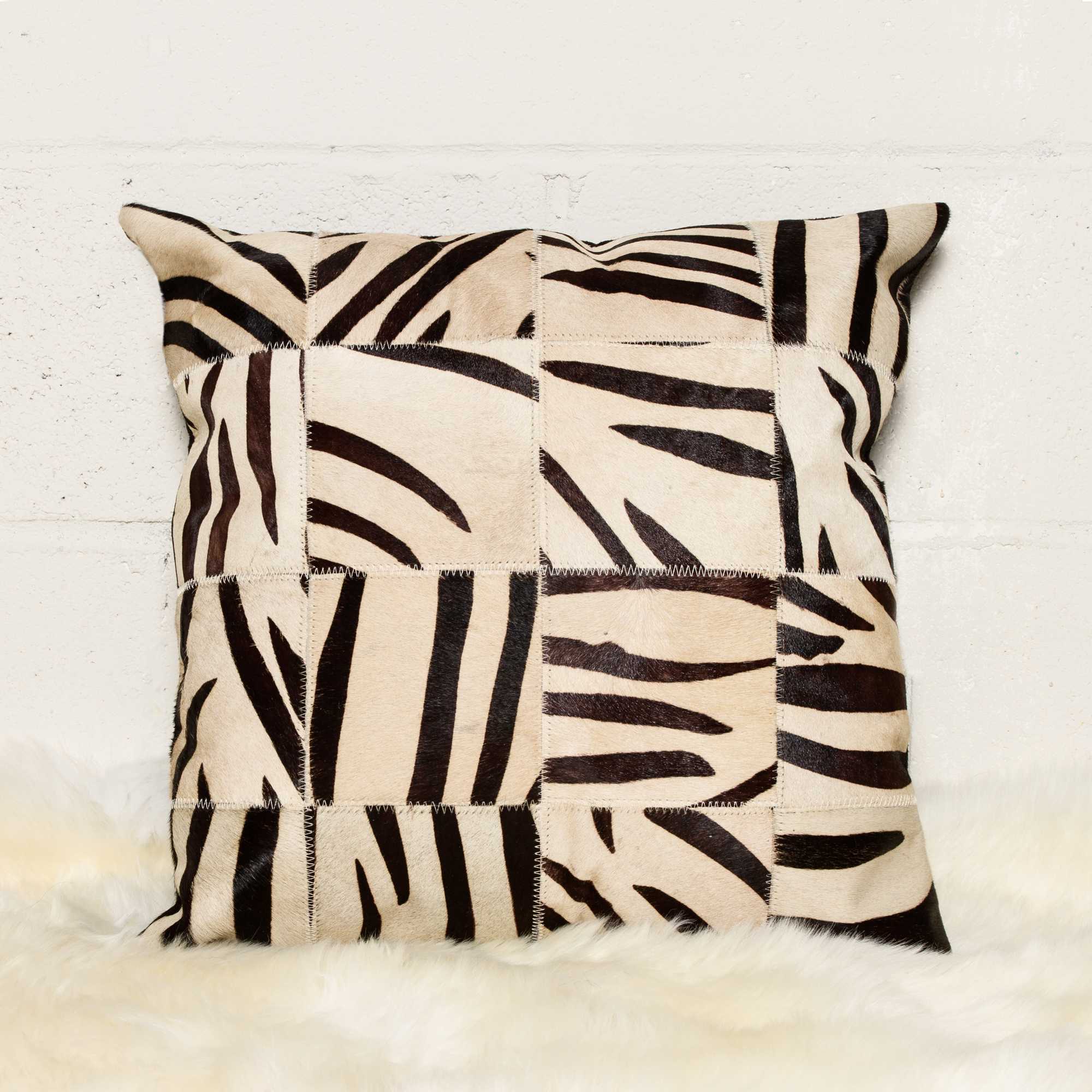 18" X 18" X 5" Zebra Black On White Patchwork Cowhide Pillow - Image 5
