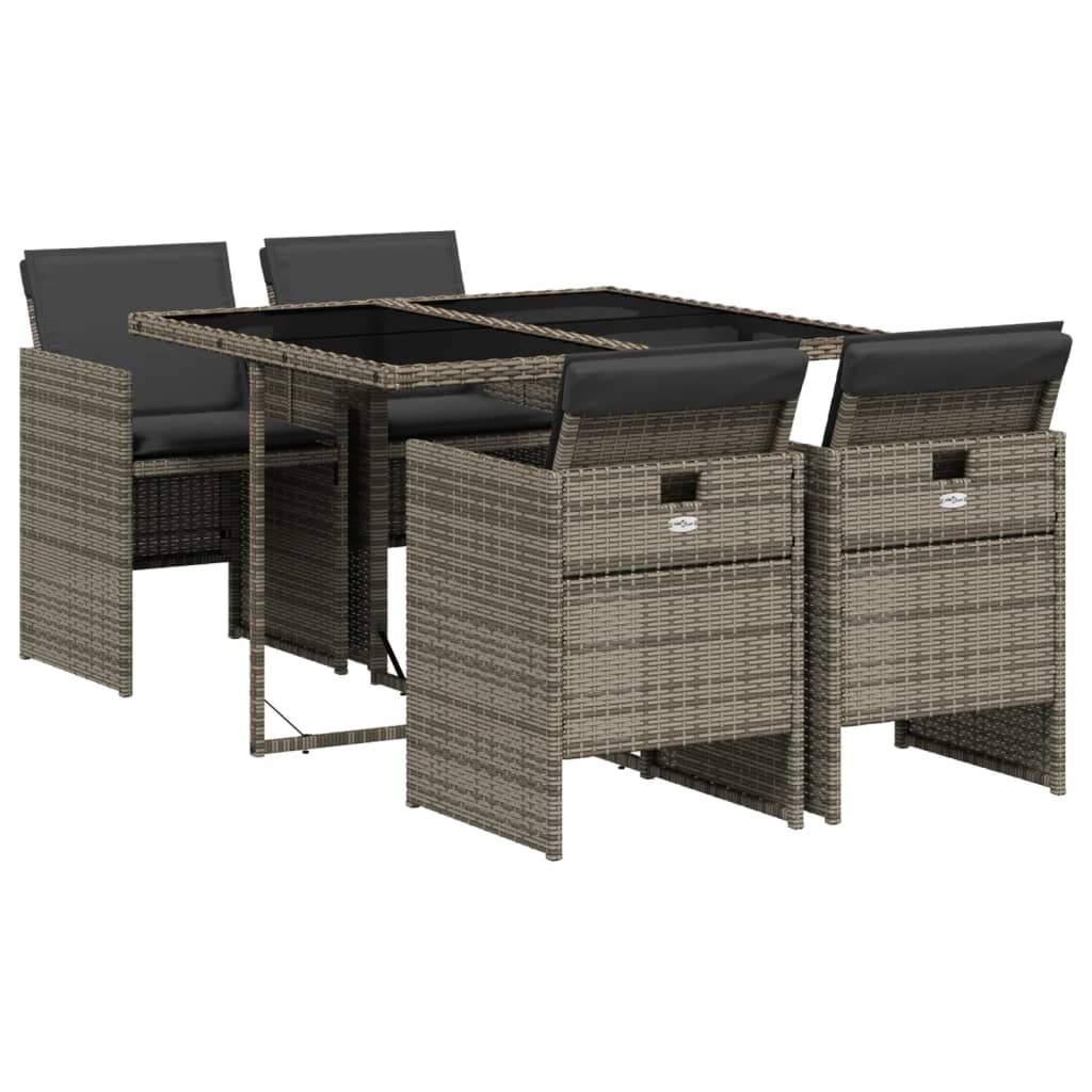5 Piece Patio Dining Set with Cushions Gray Poly Rattan - Image 2
