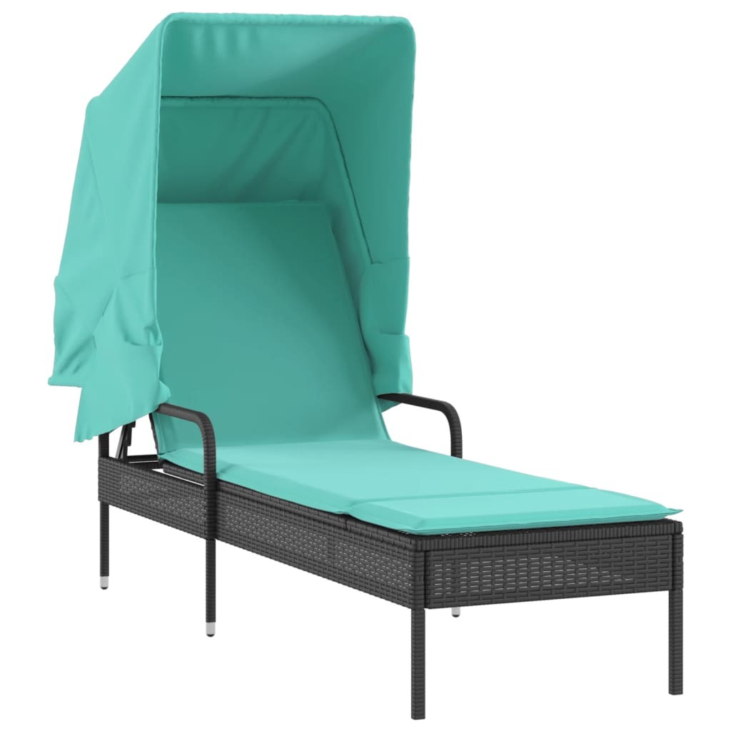 Sun Lounger with Canopy Black Poly Rattan - Image 2