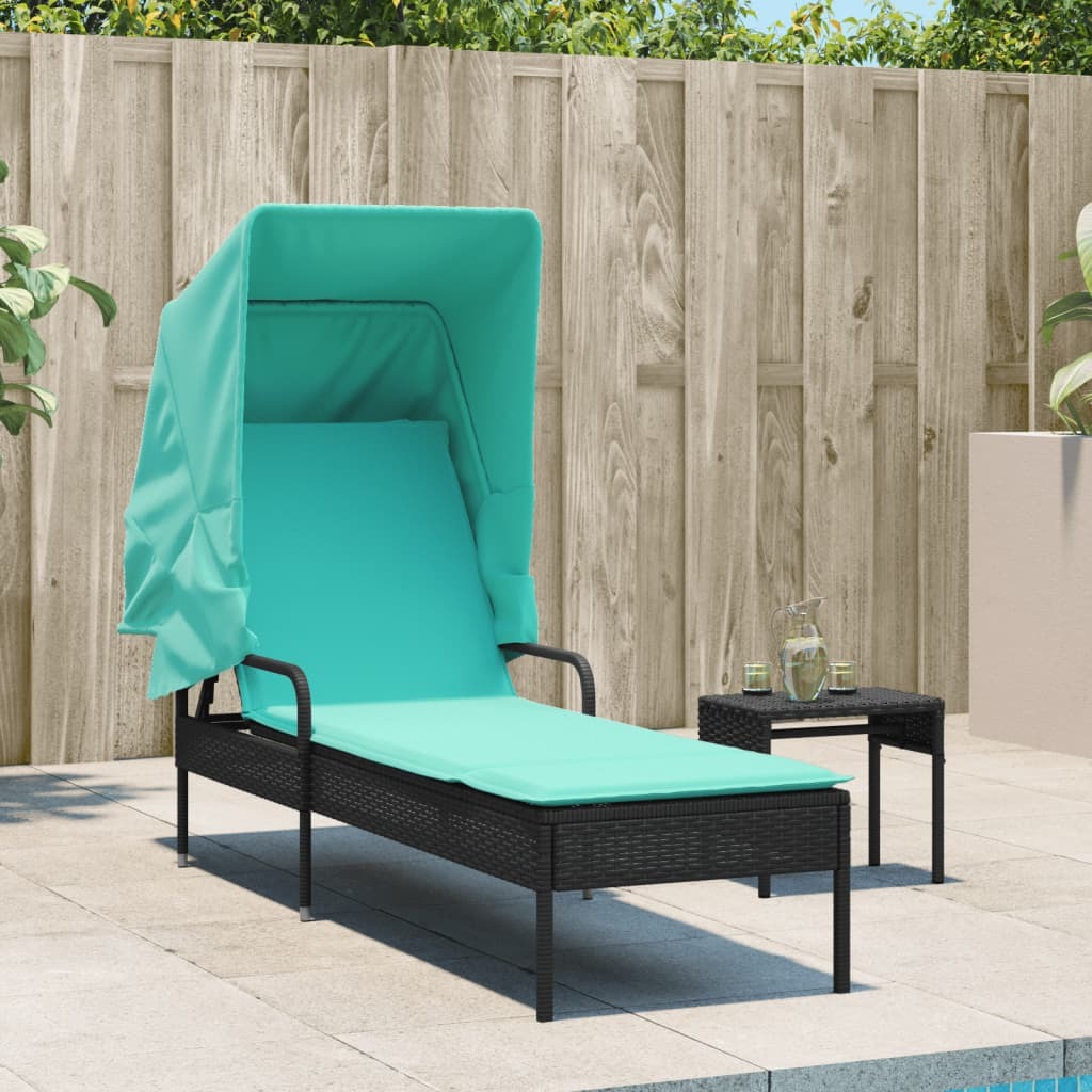 Sun Lounger with Canopy Black Poly Rattan - Image 3