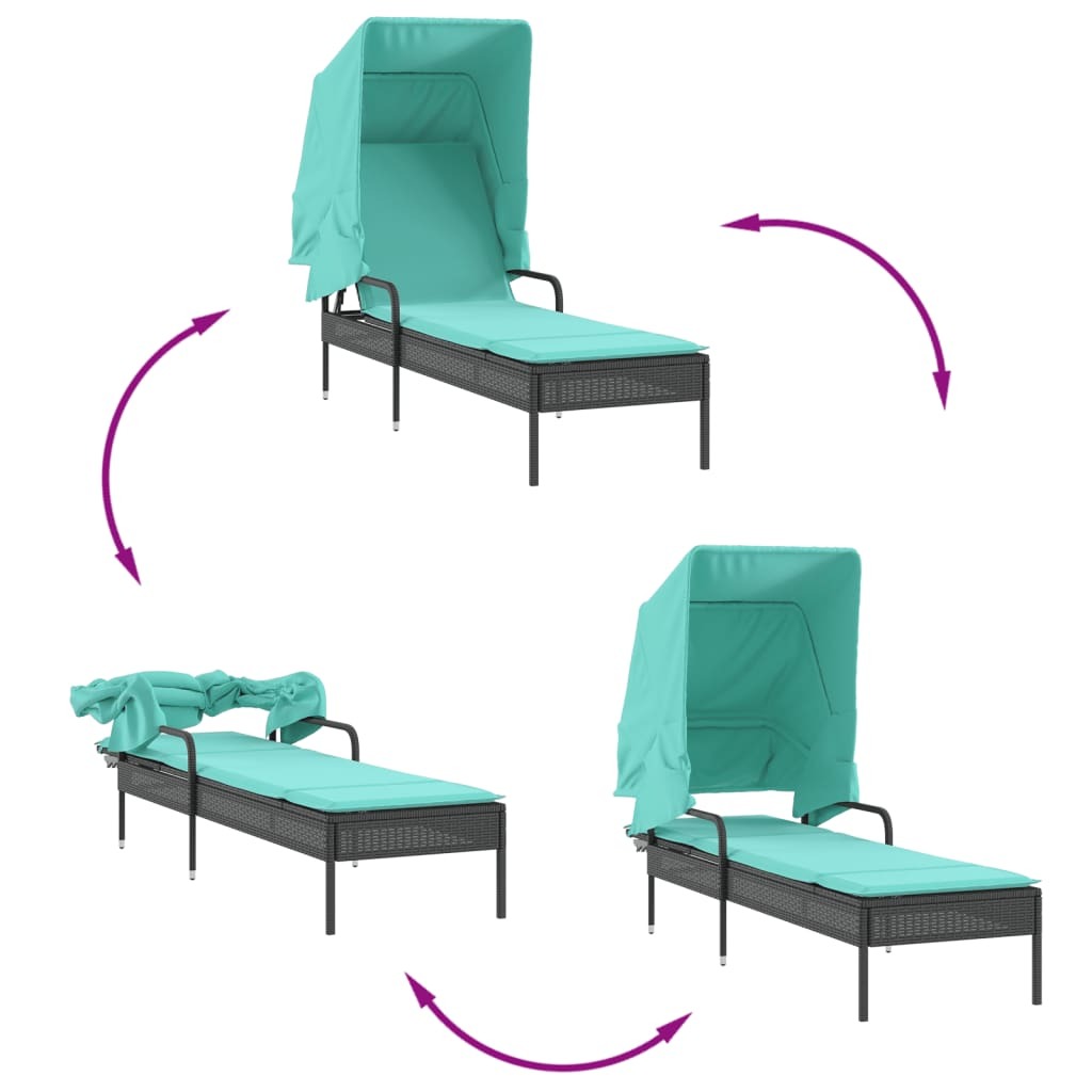Sun Lounger with Canopy Black Poly Rattan - Image 7