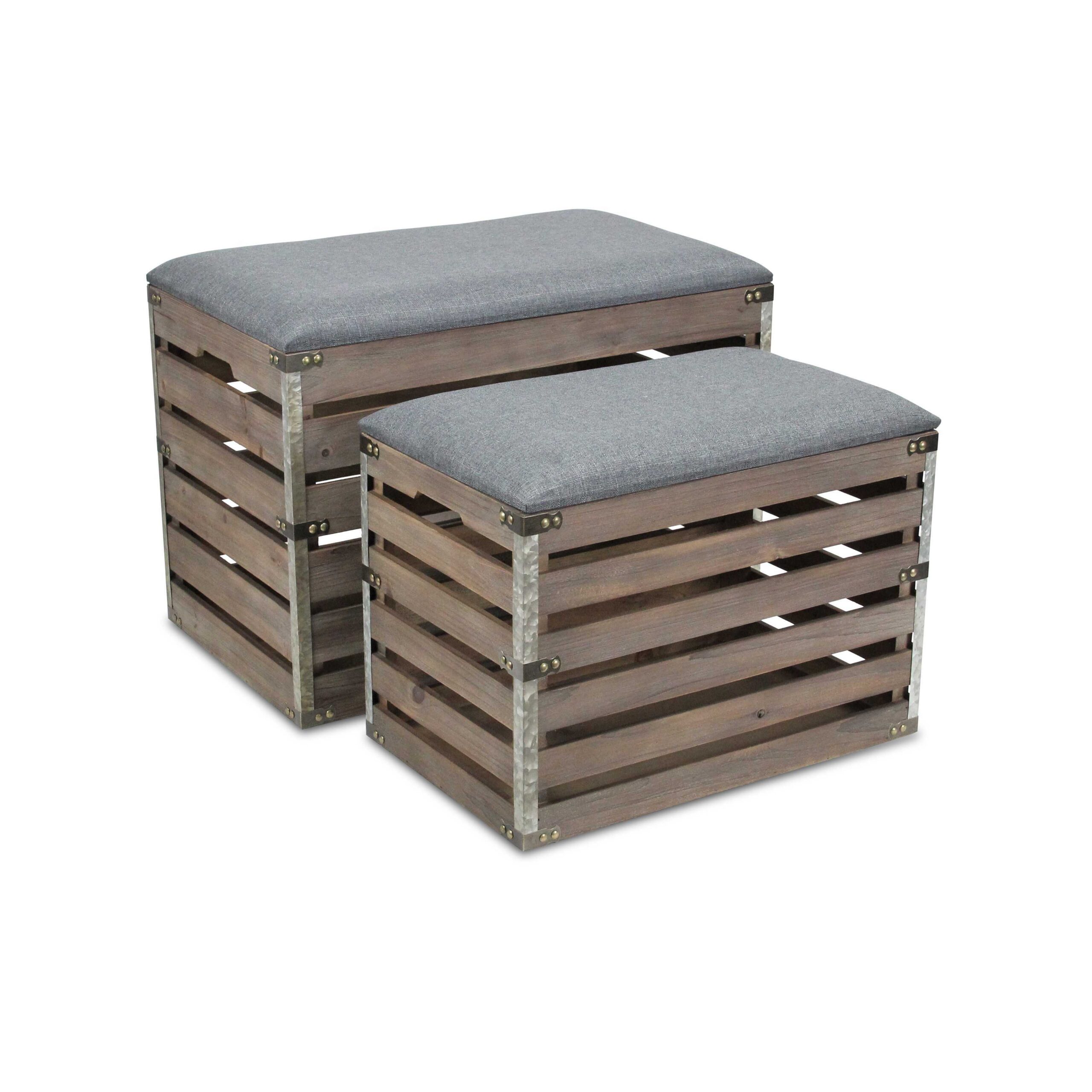 Set Of 2 Rectangular Gray Linen Fabric And Wood Slats Storage Benches - Image 2