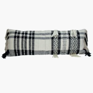 12″ X 35″ Black and White Plaid Cotton Lumbar Throw Pillow With Fringe