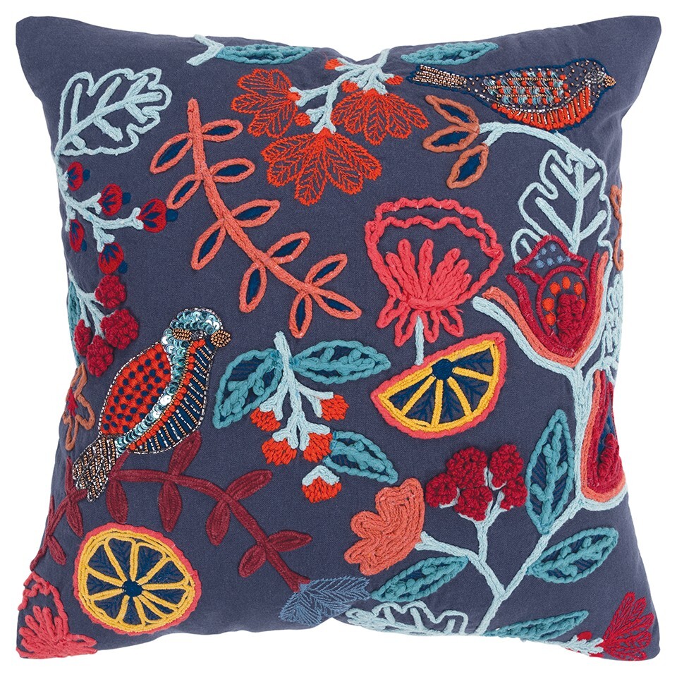 Dark Blue Jacobean Bloom Embroidered Throw Pillow - Image 2