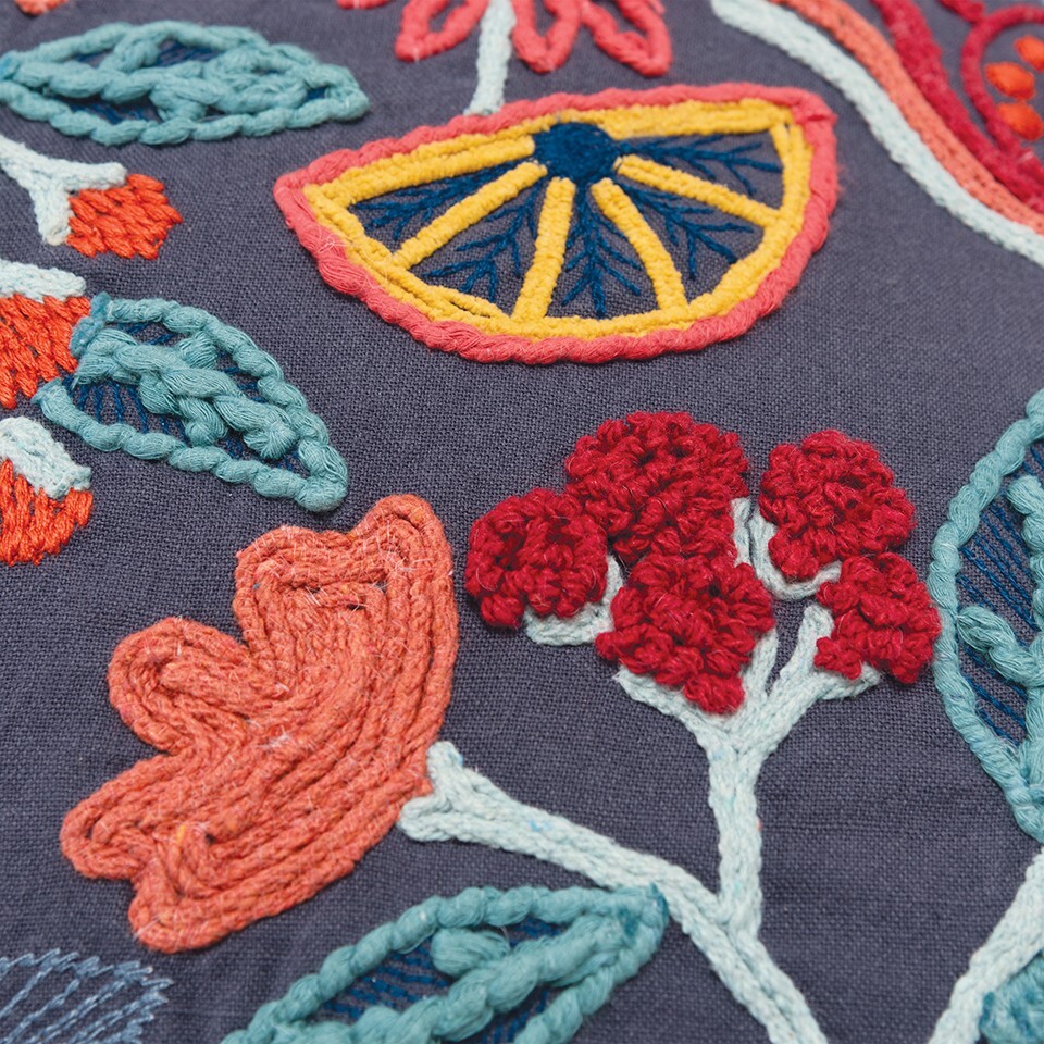 Dark Blue Jacobean Bloom Embroidered Throw Pillow - Image 4