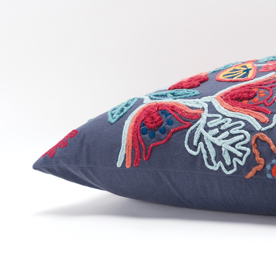 Dark Blue Jacobean Bloom Embroidered Throw Pillow - Image 5