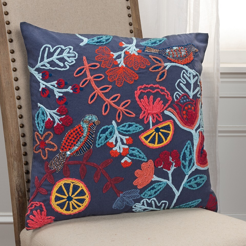 Dark Blue Jacobean Bloom Embroidered Throw Pillow - Image 6