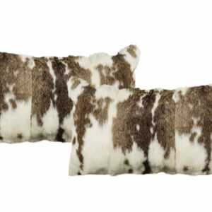 Set of Two 12″ X 20″ Brown and White Rabbit Natural Fur Throw Pillow