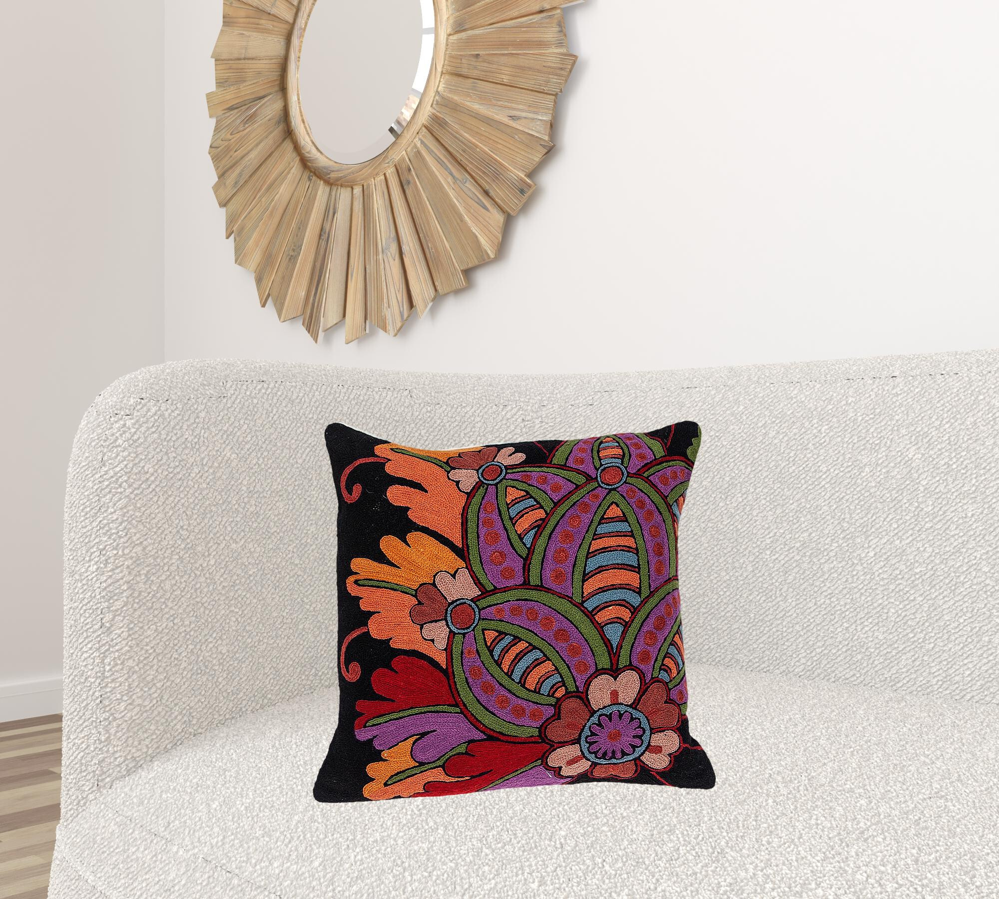 20" Black and Orange Cotton Throw Pillow With Embroidery - Image 5