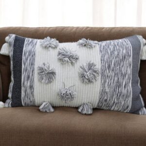 14″ X 24″ White and Gray Striped Cotton Blend Lumbar Throw Pillow With Pom-poms and Tassels