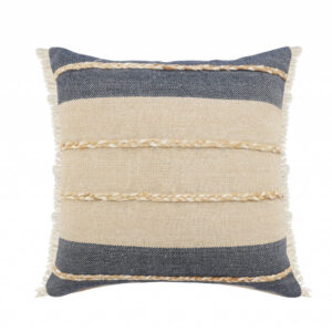 24″ X 24″ Denim Blue Tan And Taupe Jute Coastal Zippered Pillow
