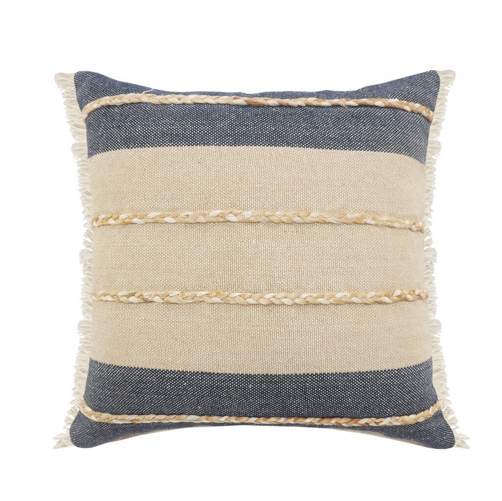 24" X 24" Denim Blue Tan And Taupe Jute Coastal Zippered Pillow - Image 2