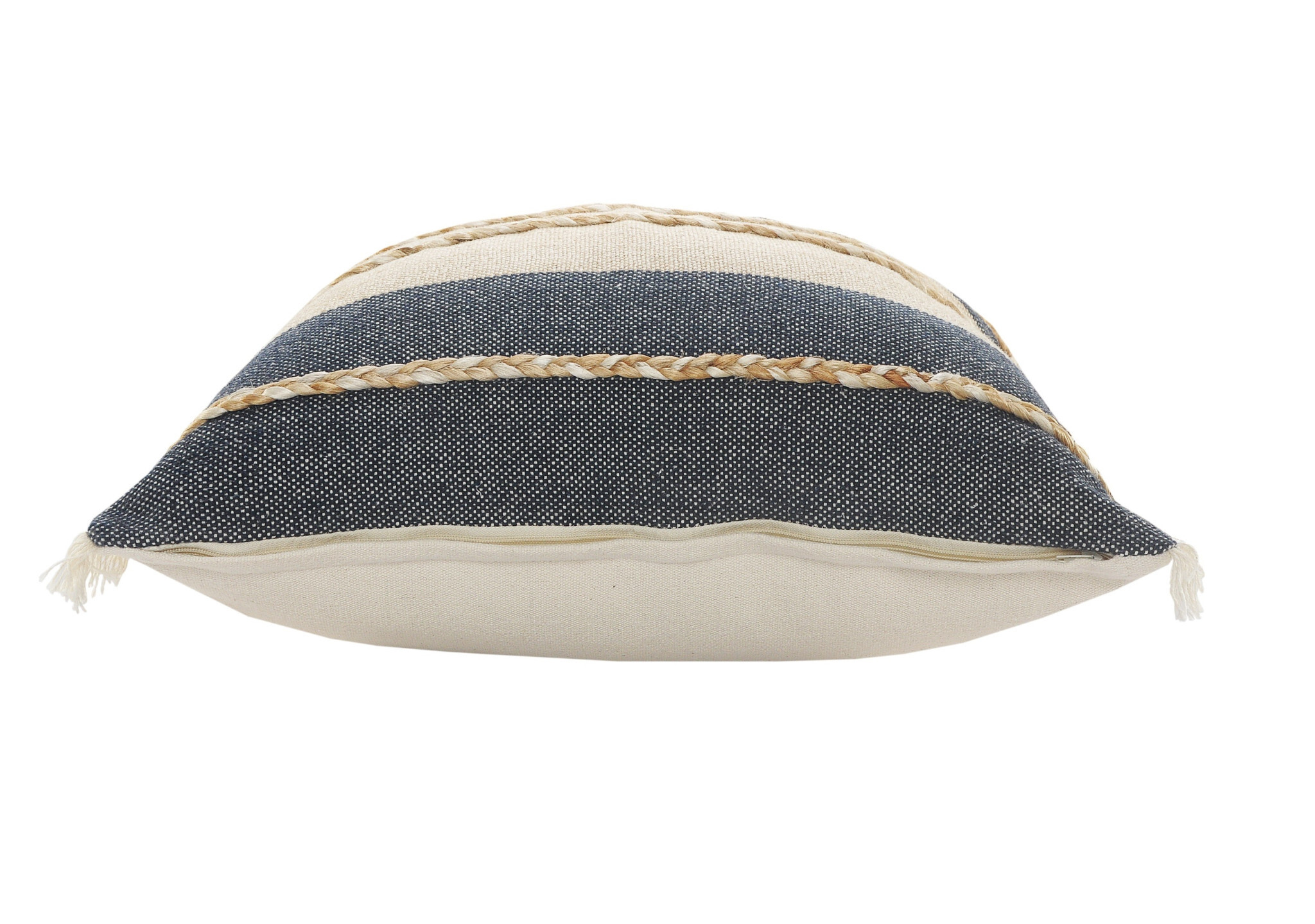 24" X 24" Denim Blue Tan And Taupe Jute Coastal Zippered Pillow - Image 3