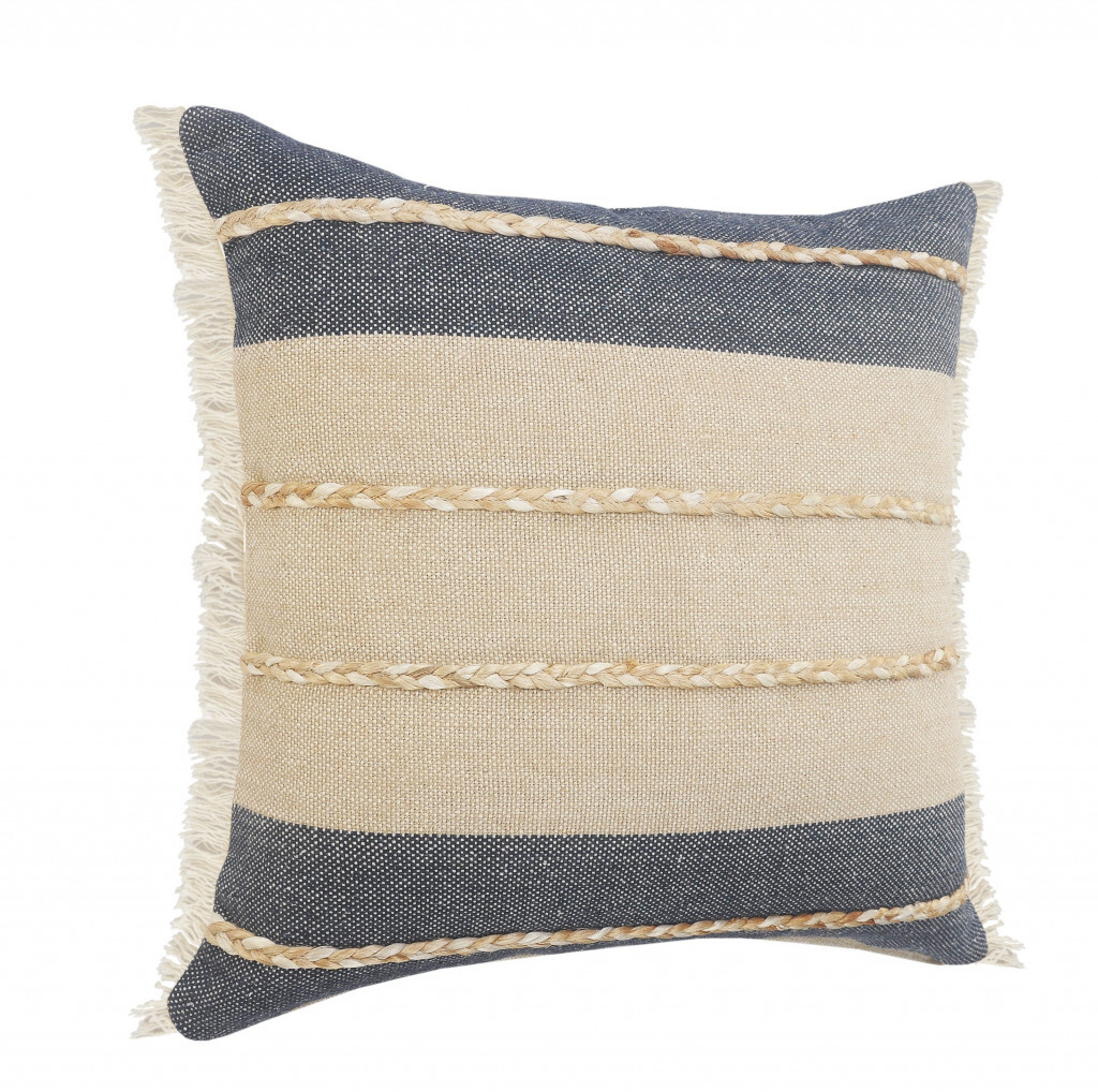 24" X 24" Denim Blue Tan And Taupe Jute Coastal Zippered Pillow - Image 4