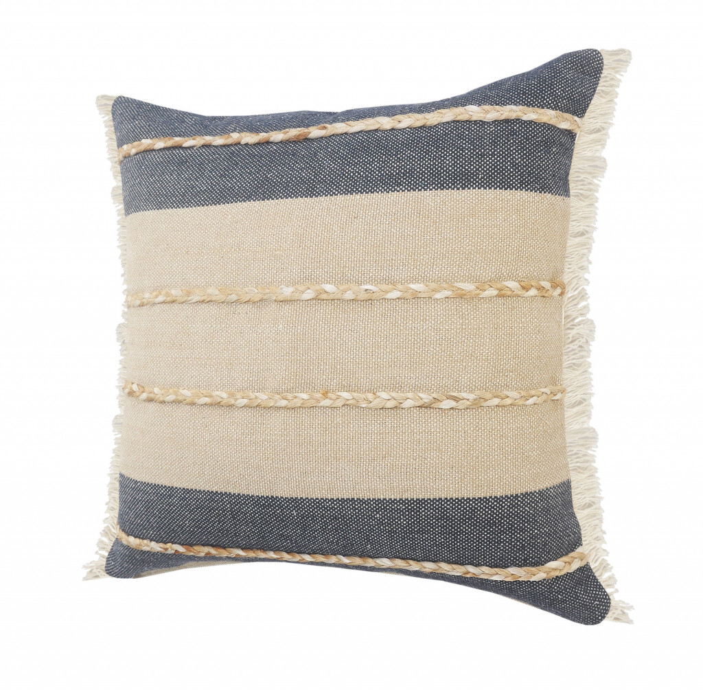 24" X 24" Denim Blue Tan And Taupe Jute Coastal Zippered Pillow - Image 5