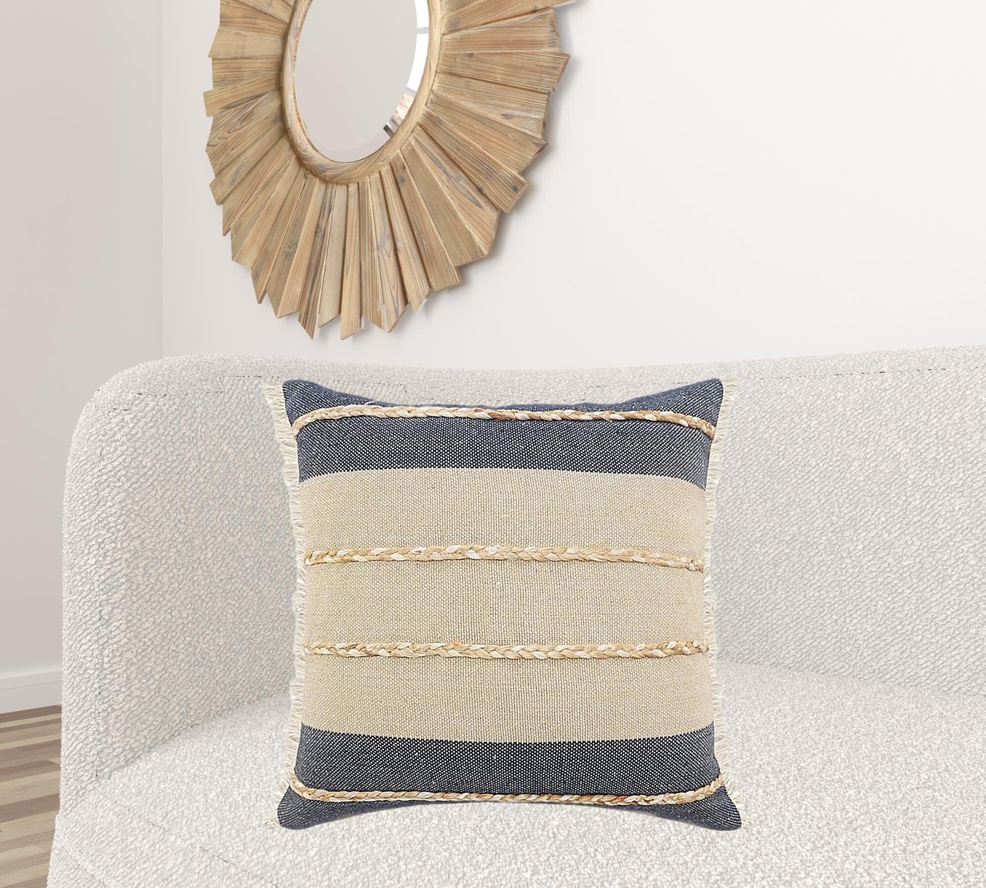 24" X 24" Denim Blue Tan And Taupe Jute Coastal Zippered Pillow - Image 7