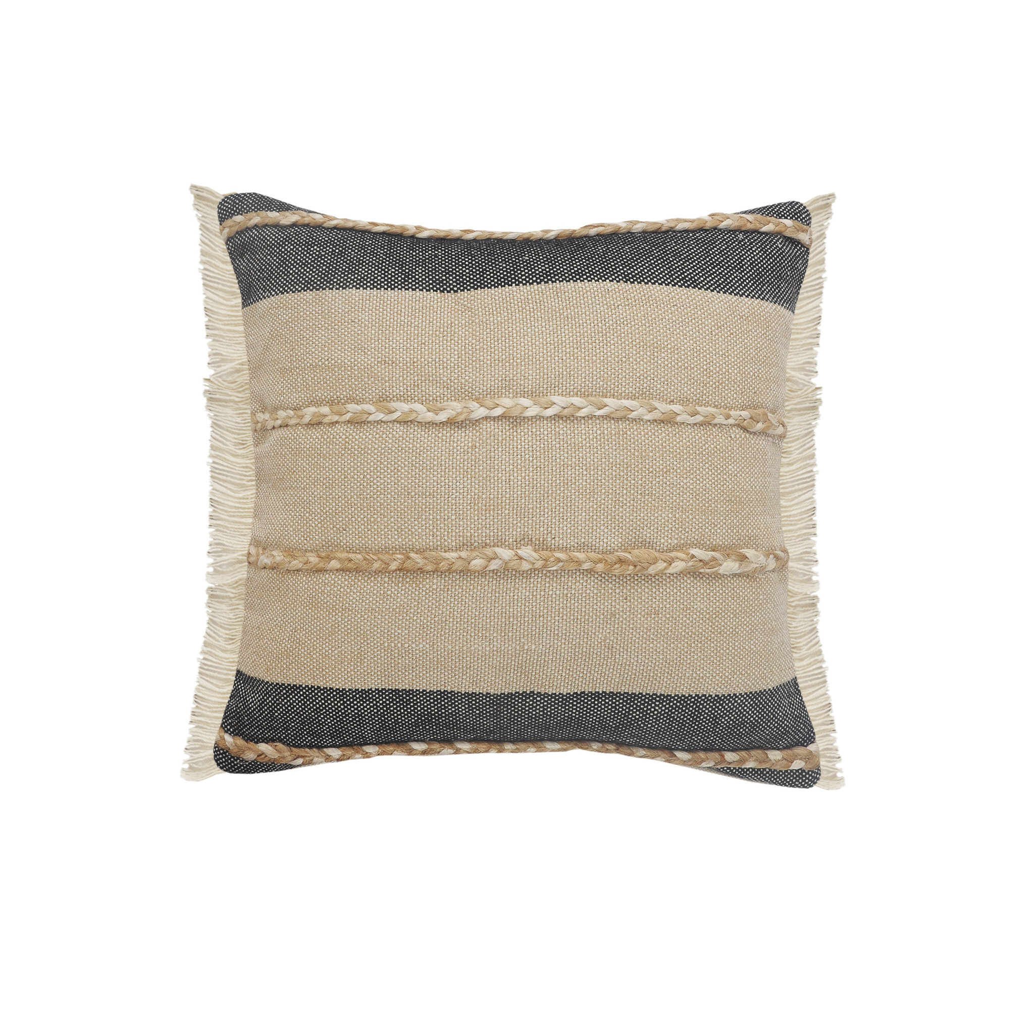20" X 20" Beige And Ivory Jute Striped Zippered Pillow With Fringe - Image 2