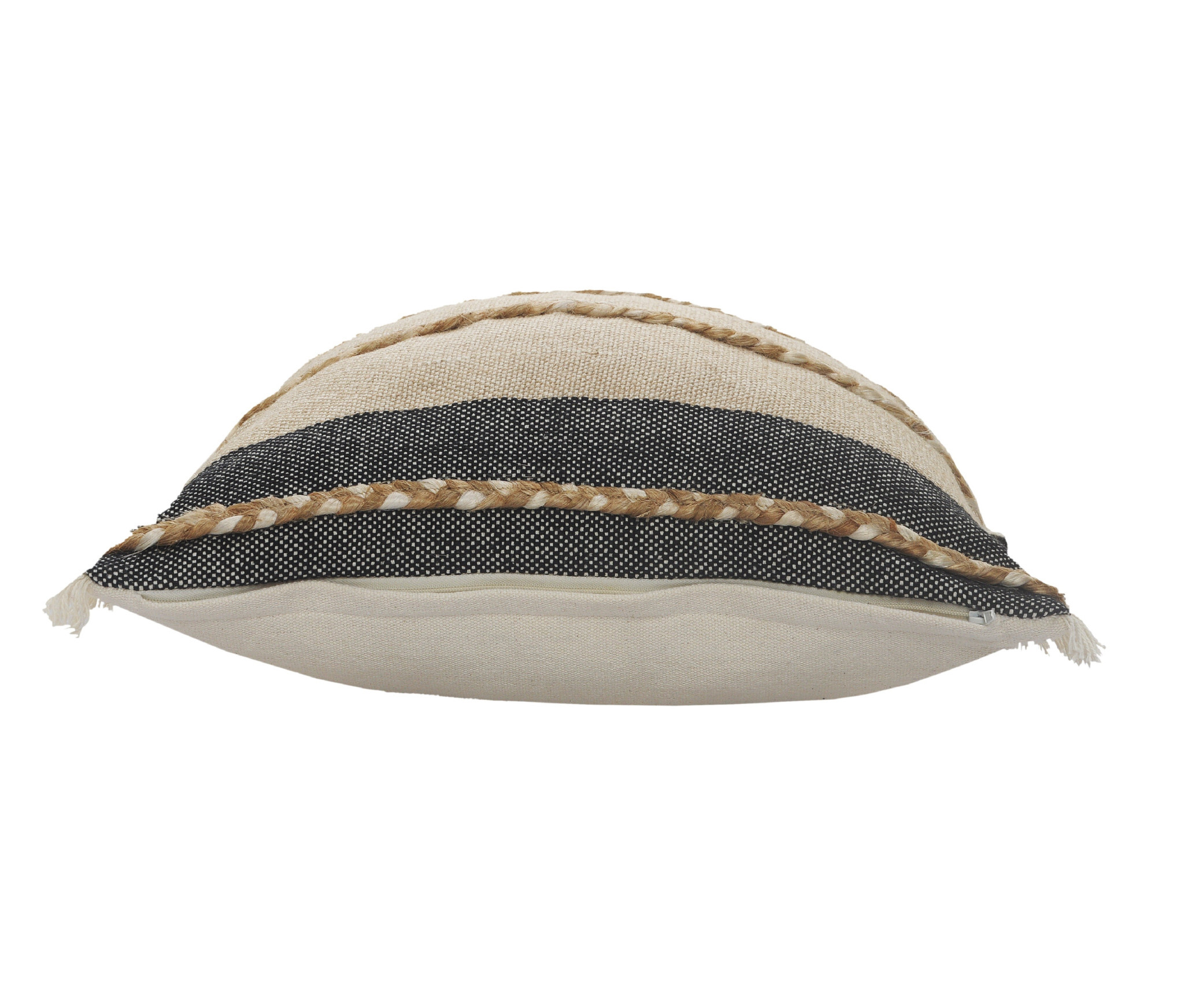20" X 20" Beige And Ivory Jute Striped Zippered Pillow With Fringe - Image 3