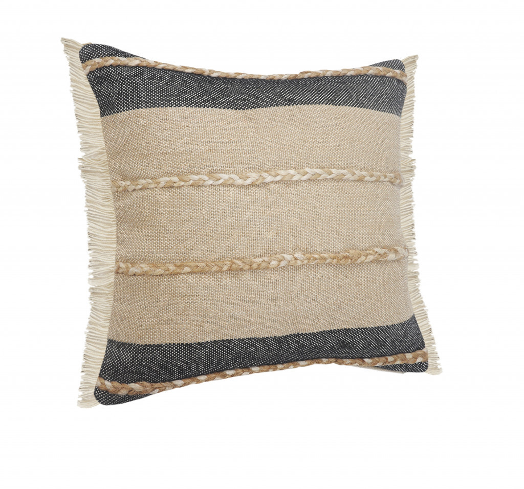 20" X 20" Beige And Ivory Jute Striped Zippered Pillow With Fringe - Image 4
