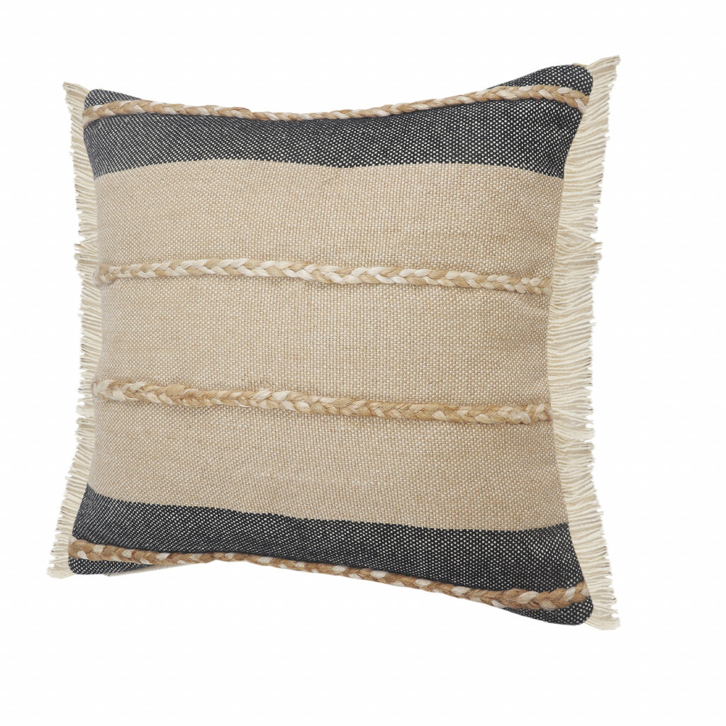20" X 20" Beige And Ivory Jute Striped Zippered Pillow With Fringe - Image 5