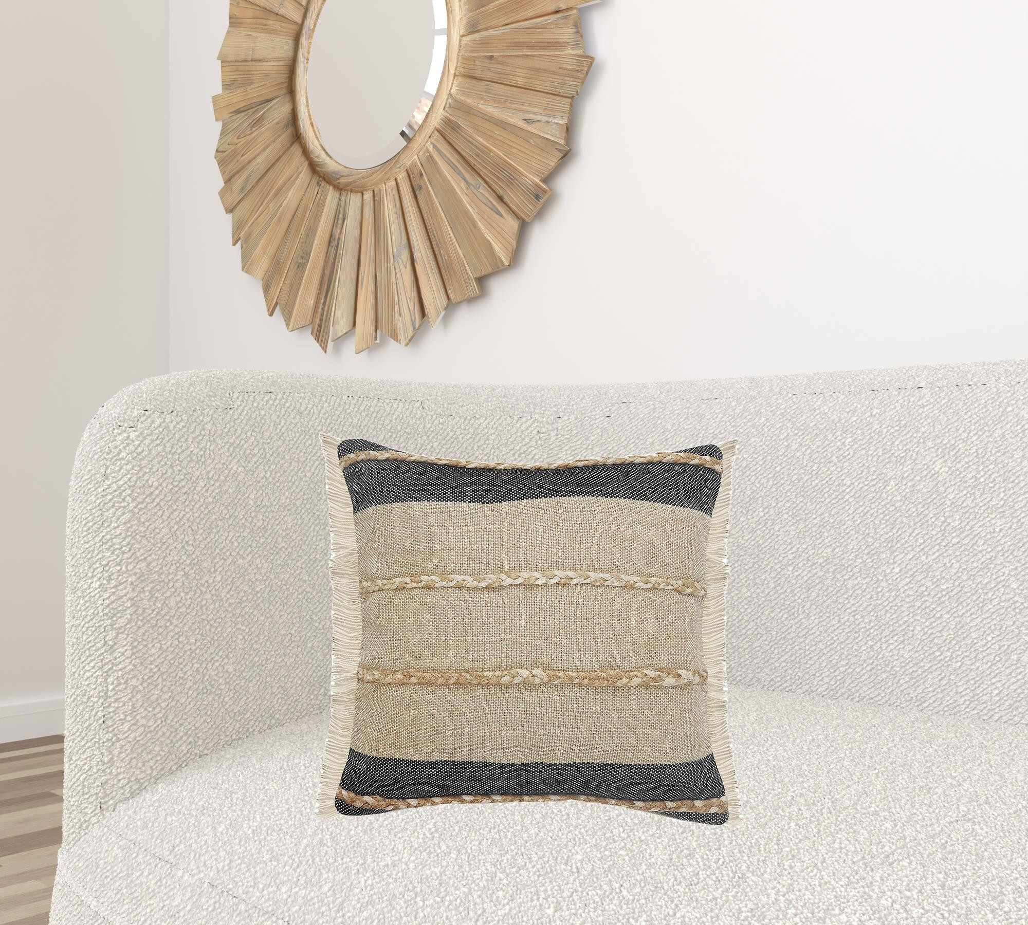 20" X 20" Beige And Ivory Jute Striped Zippered Pillow With Fringe - Image 7