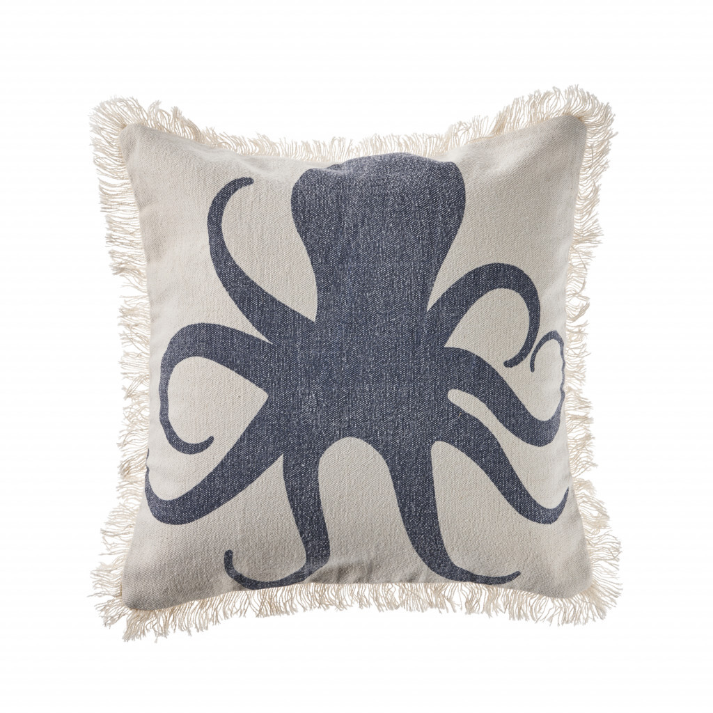 18" X 18" Cream And Charcoal Navy 100% Cotton Coastal Zippered Pillow - Image 2
