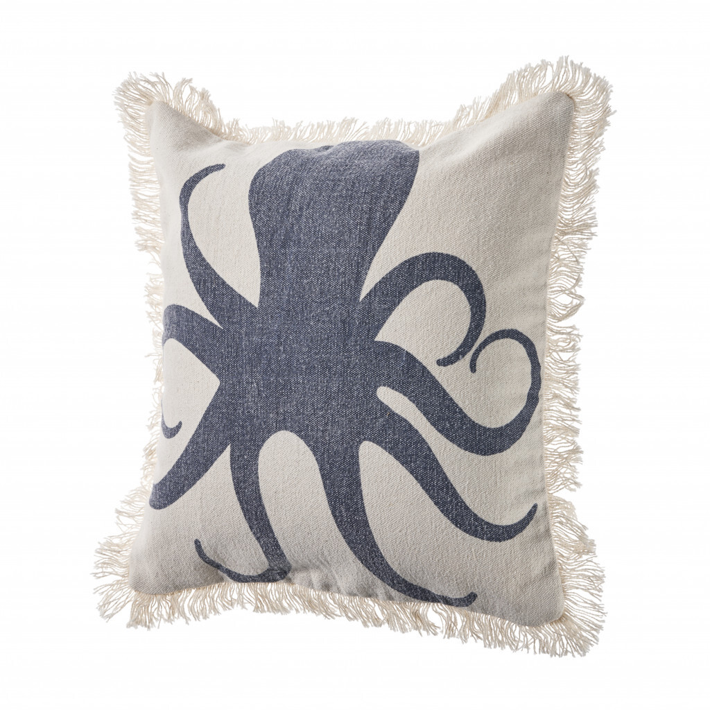 18" X 18" Cream And Charcoal Navy 100% Cotton Coastal Zippered Pillow - Image 5