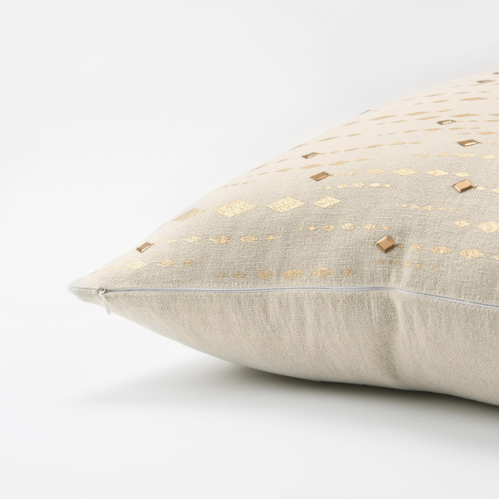 20" Gold and Ivory Cotton Pillow With Beads Edges - Image 3