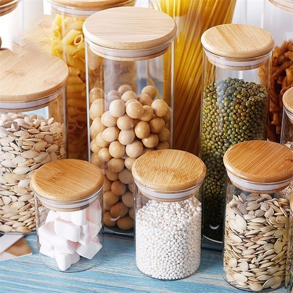 Storage Tank Food Container Kitchen Bamboo Covered High Borosilicate Food Sealed Glass Tank Miscellaneous Grain Storage Tank T200506