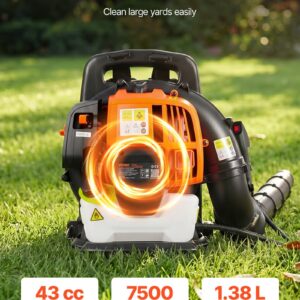 Backpack Leaf Blower, 43CC 2-Stroke Engine Gas Powered Leaf Blower with 1.38L Fuel Tank, 447 CFM Air Volume, 150 MPH Air Speed, Ideal for Lawn Care, Leaves Cleaning, Yard Debris & Snow Removal