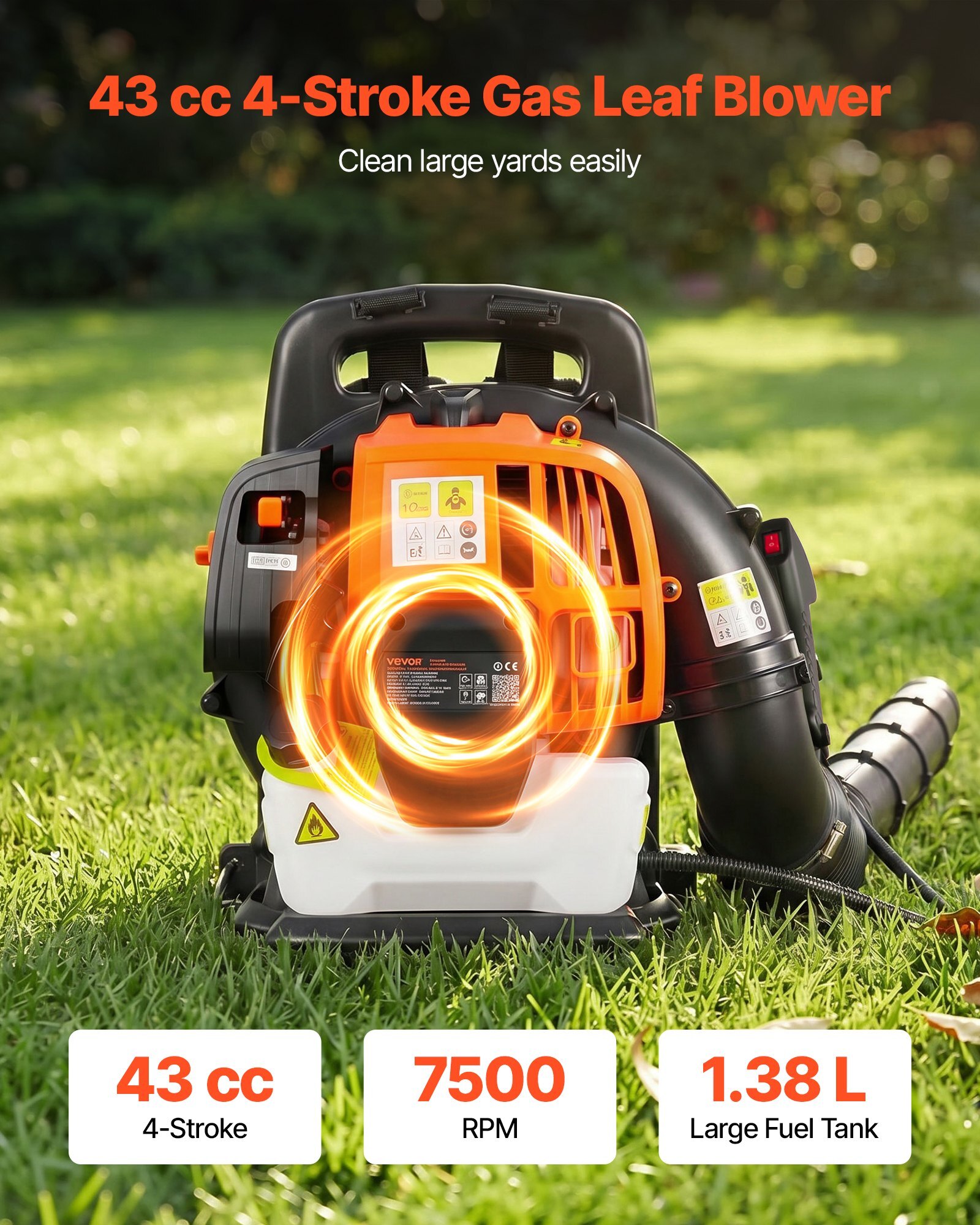 Backpack Leaf Blower, 43CC 2-Stroke Engine Gas Powered Leaf Blower with 1.38L Fuel Tank, 447 CFM Air Volume, 150 MPH Air Speed, Ideal for Lawn Care, Leaves Cleaning, Yard Debris & Snow Removal