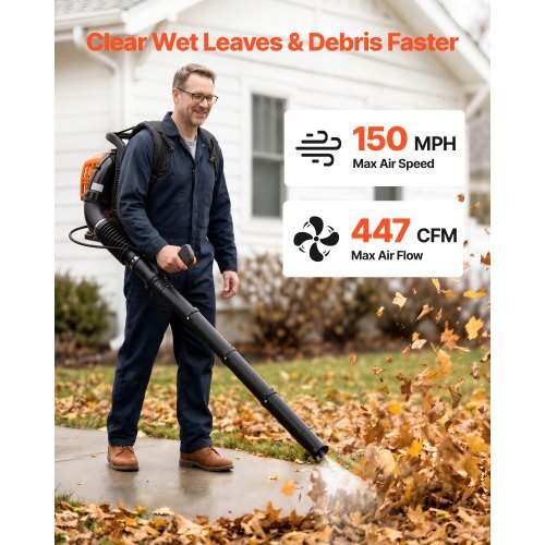 Backpack Leaf Blower, 43CC 2-Stroke Engine Gas Powered Leaf Blower with 1.38L Fuel Tank, 447 CFM Air Volume, 150 MPH Air Speed, Ideal for Lawn Care, Leaves Cleaning, Yard Debris & Snow Removal - Image 2