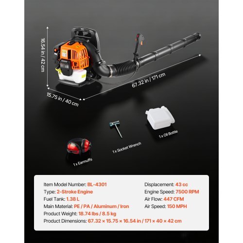 Backpack Leaf Blower, 43CC 2-Stroke Engine Gas Powered Leaf Blower with 1.38L Fuel Tank, 447 CFM Air Volume, 150 MPH Air Speed, Ideal for Lawn Care, Leaves Cleaning, Yard Debris & Snow Removal - Image 5