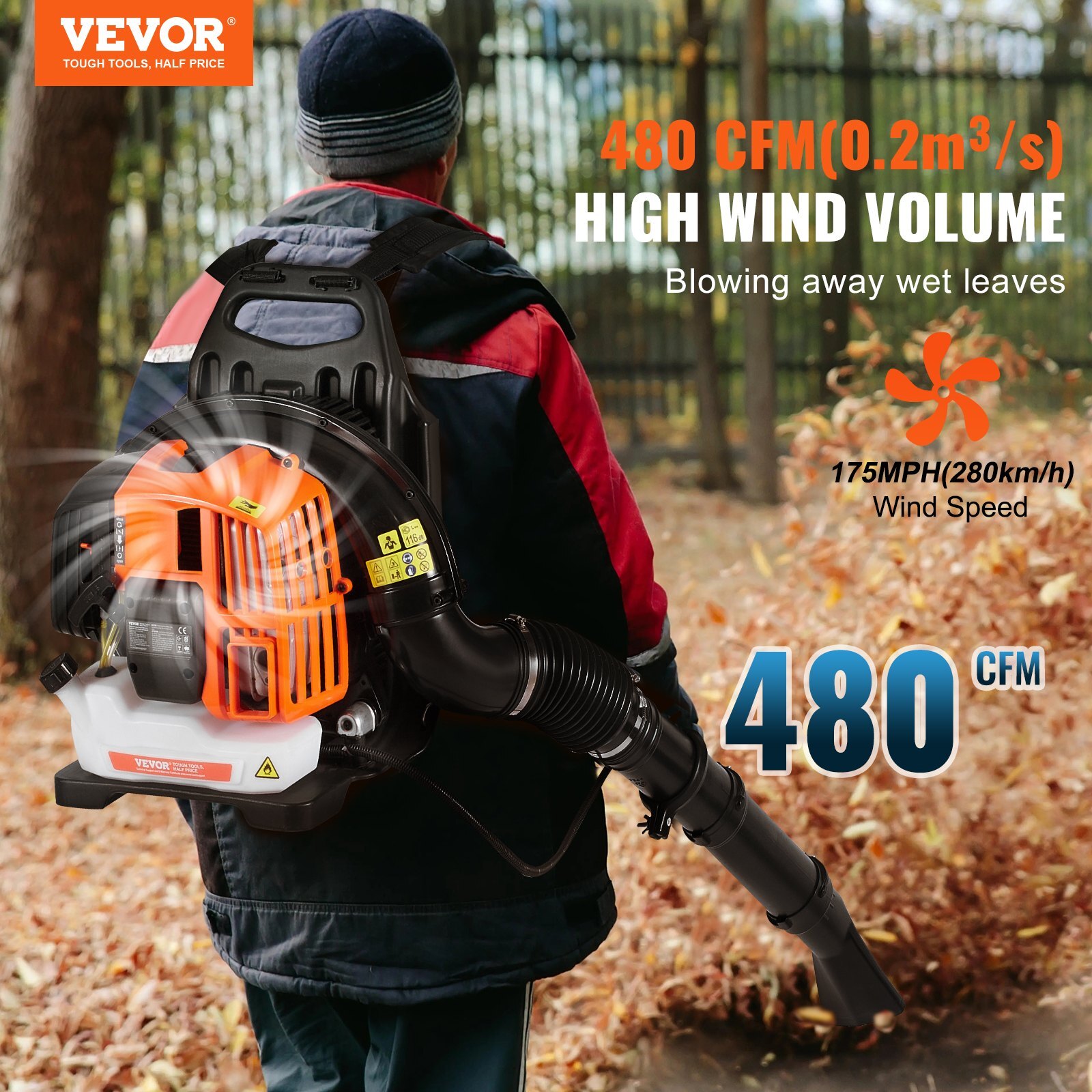 Backpack Leaf Blower, 52CC 2-Cycle Leaf Blower with 1.37L Fuel Tank, 480CFM Air Volume 175MPH Speed, Ideal for Lawn Care, Leaf Cleaning, and Snow Removal - Image 2