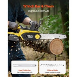 Cordless Chainsaw, 20V 12-Inch Brushless Chainsaw Battery Powered, 4.0Ah Battery and Rapid Charger Included, Handheld Electric Chain Saw for Tree Felling, Wood Cutting, Pruning, and Trimming