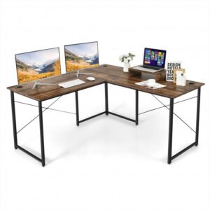 95 Inch 2-Person L-Shaped Long Reversible Computer Desk with Monitor Stand-Rustic Brown – Color: Rustic Brown