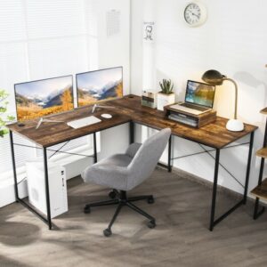 95 Inch 2-Person L-Shaped Long Reversible Computer Desk with Monitor Stand-Rustic Brown – Color: Rustic Brown