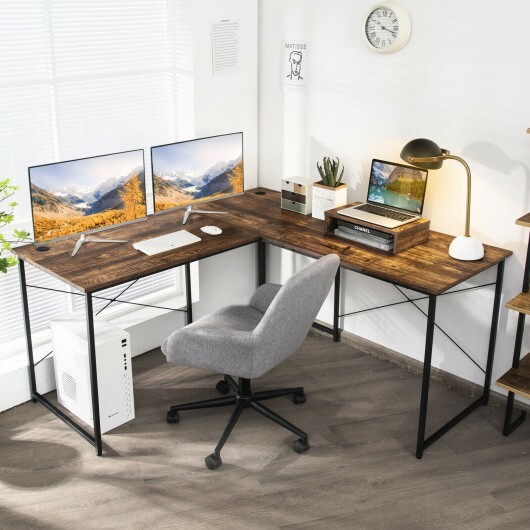 95 Inch 2-Person L-Shaped Long Reversible Computer Desk with Monitor Stand-Rustic Brown - Color: Rustic Brown - Image 2